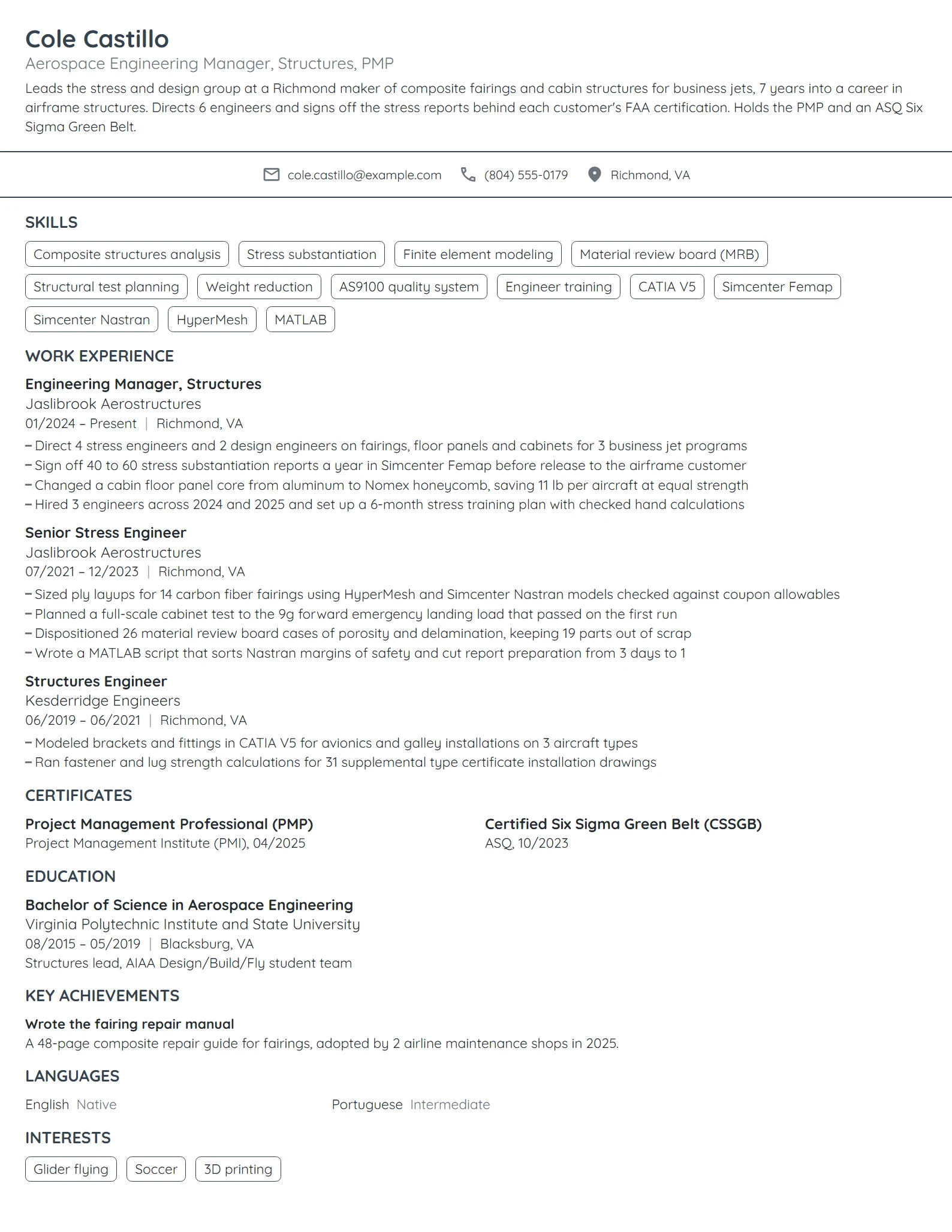 Aerospace Engineering Manager resume example