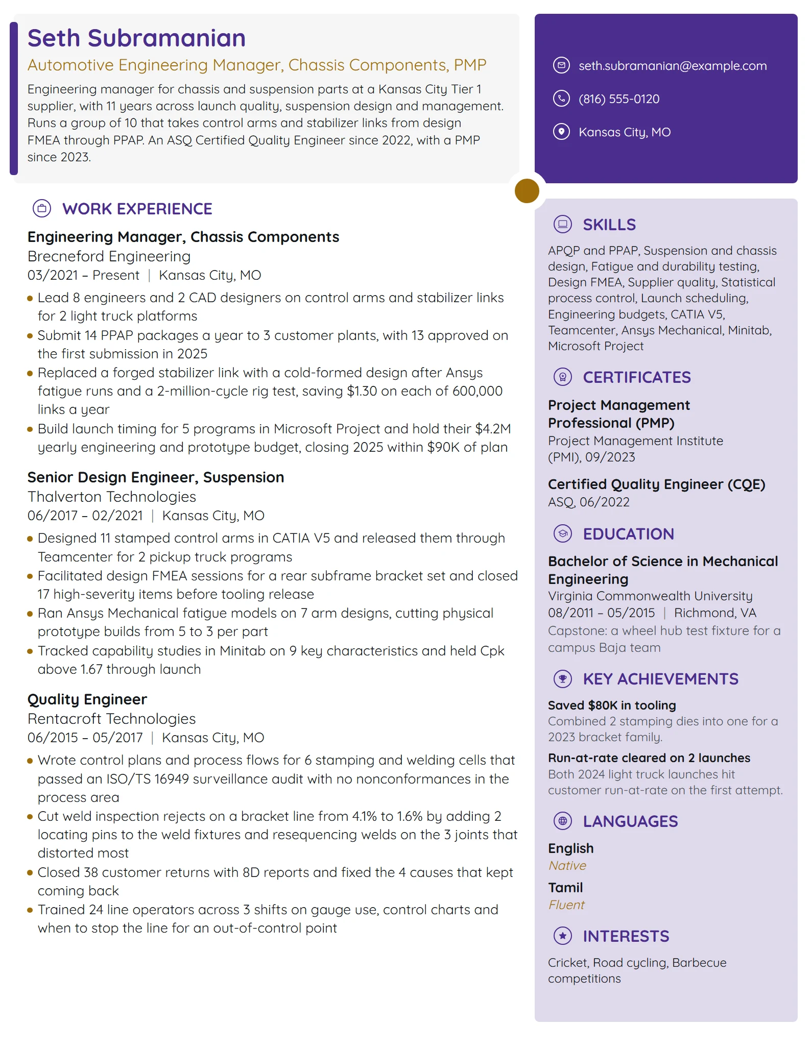 Automotive Engineering Manager resume example