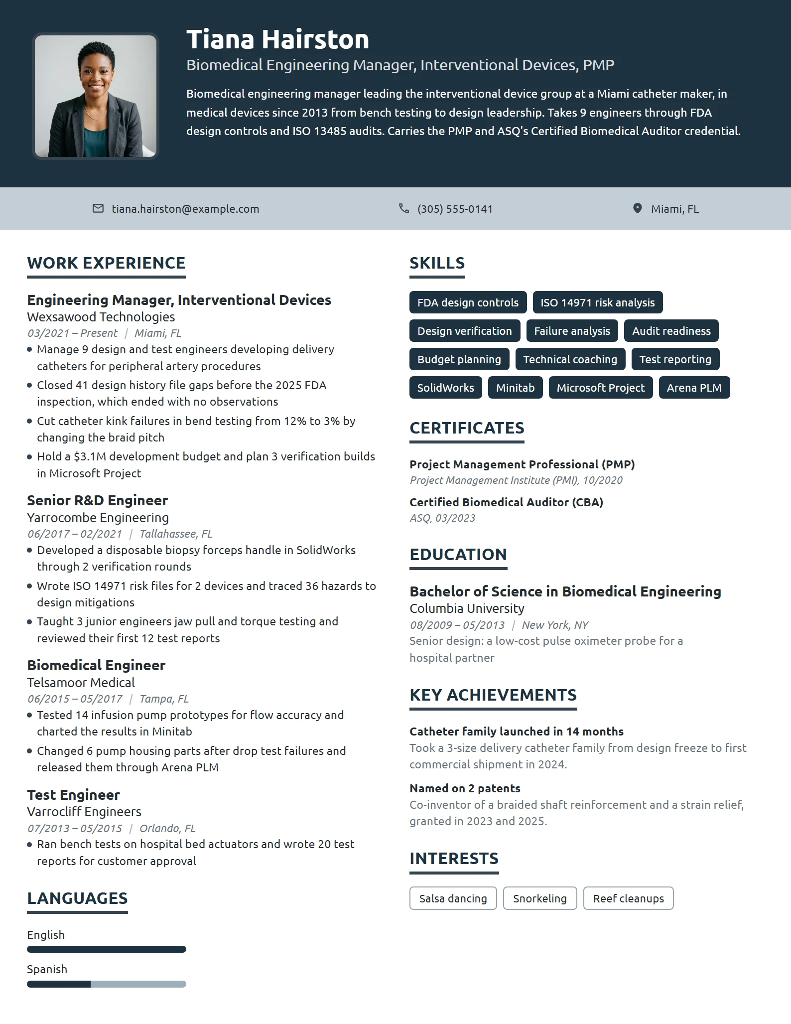 Biomedical Engineering Manager resume example