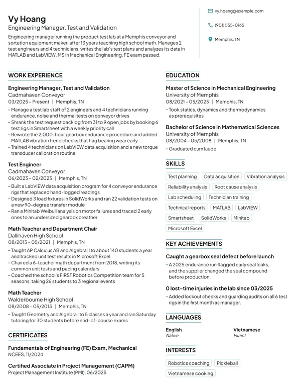 Career Change Engineering Manager resume example