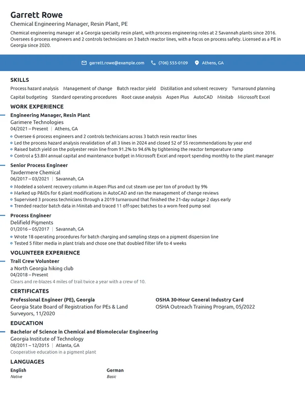 Chemical Engineering Manager resume example
