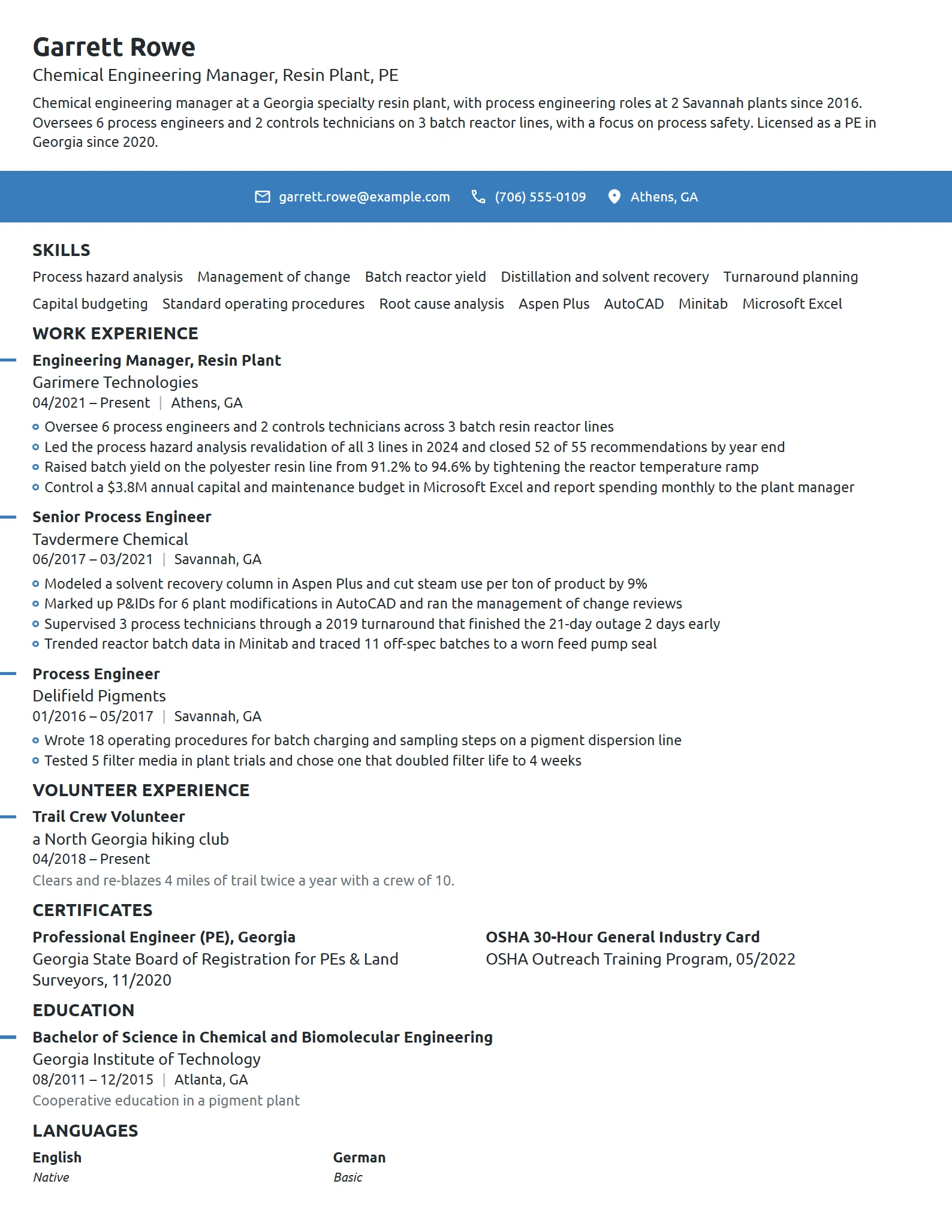 Chemical Engineering Manager resume example