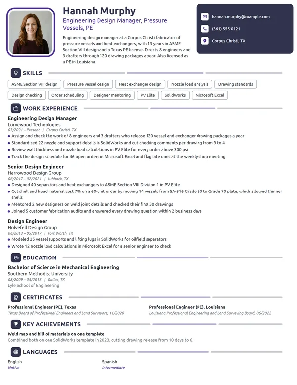 Engineering Design Manager resume example
