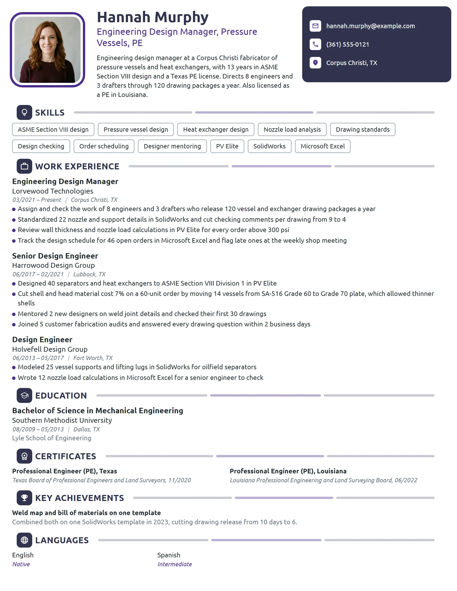 Engineering Design Manager resume example