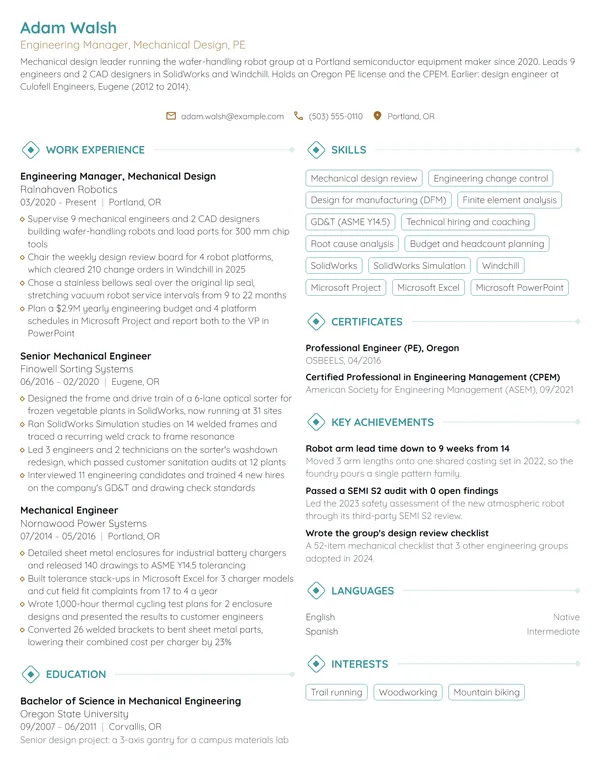 Engineering Manager resume example