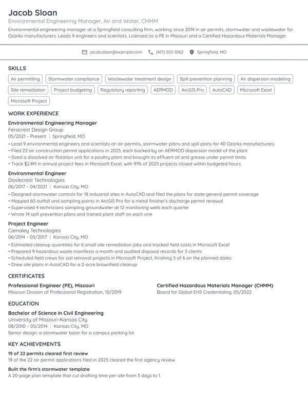 Environmental Engineering Manager resume example