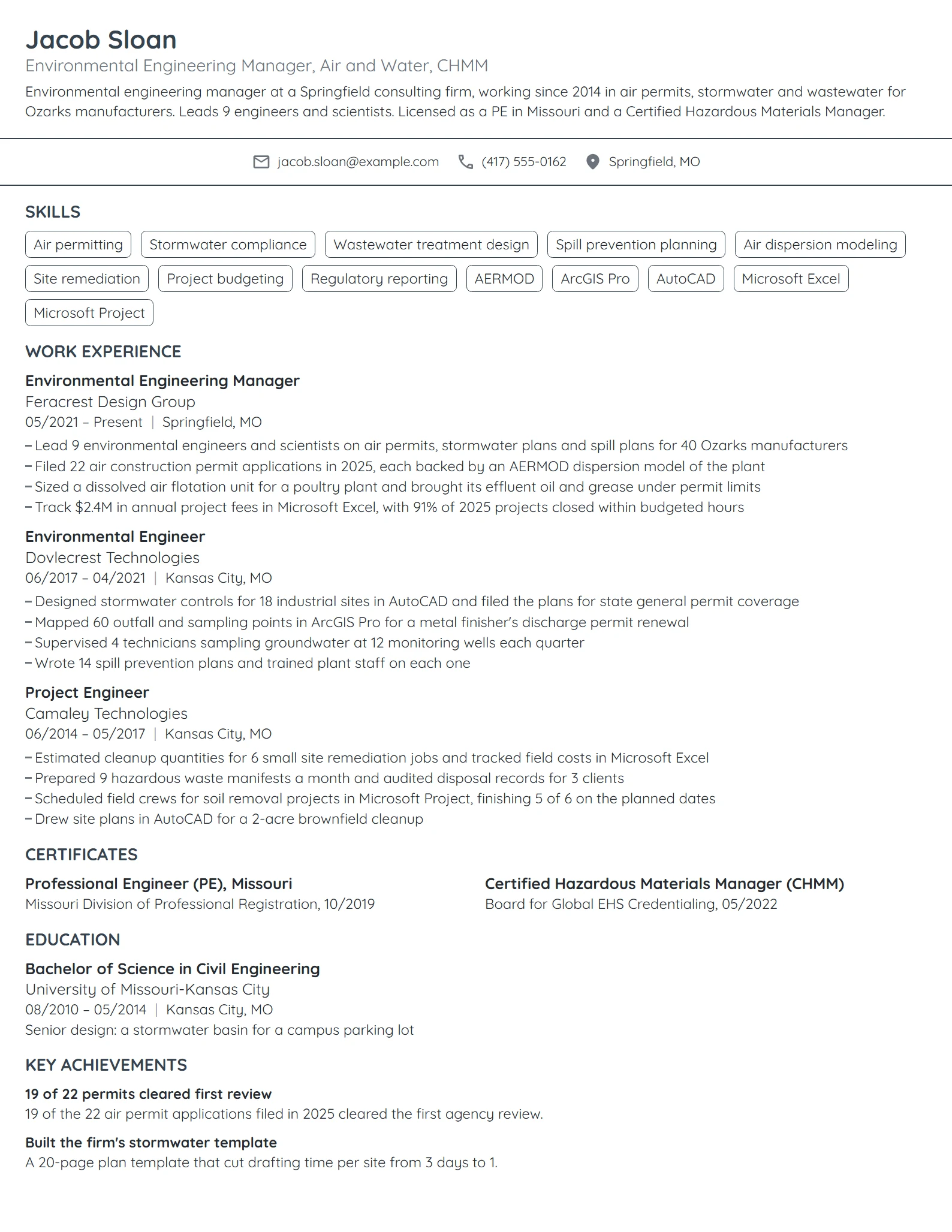 Environmental Engineering Manager resume example