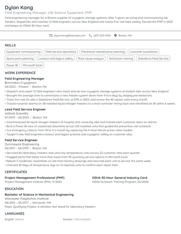 Field Engineering Manager resume example