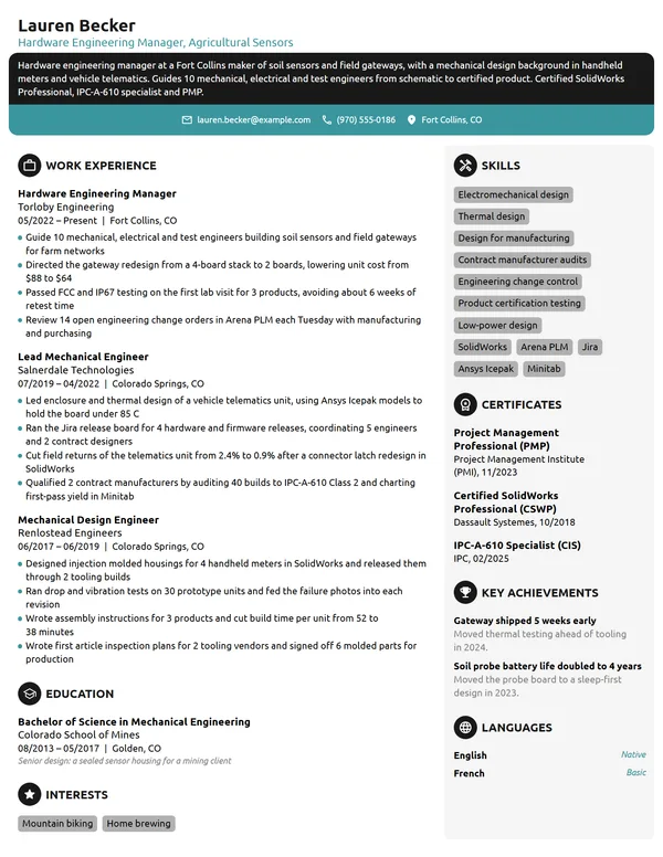 Hardware Engineering Manager resume example