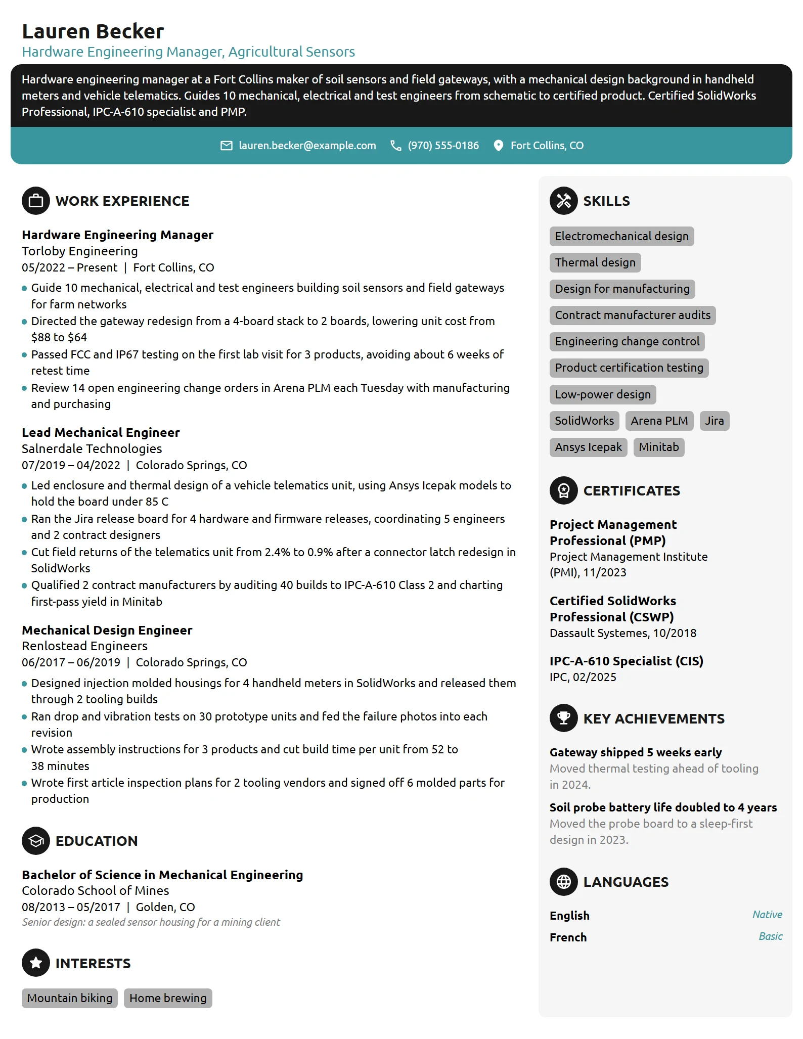 Hardware Engineering Manager resume example