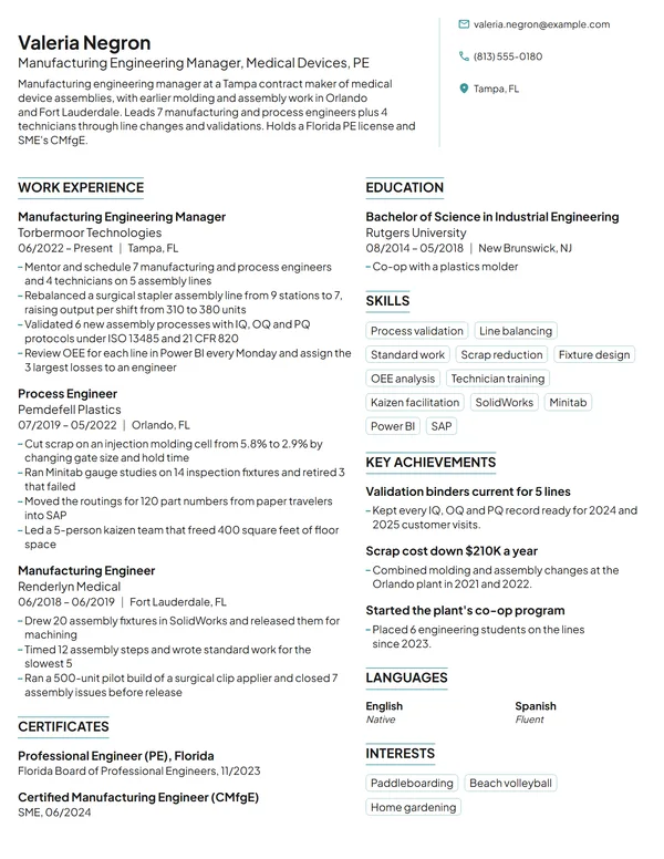 Manufacturing Engineering Manager resume example