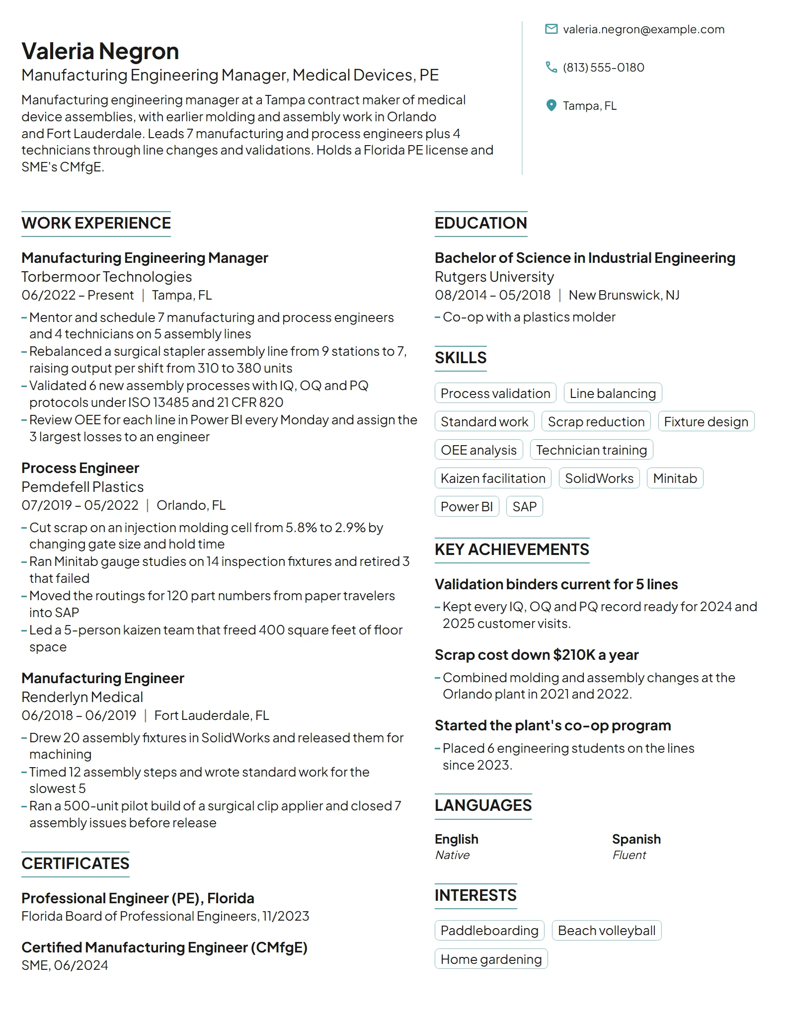 Manufacturing Engineering Manager resume example