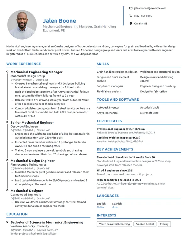 Mechanical Engineering Manager resume example