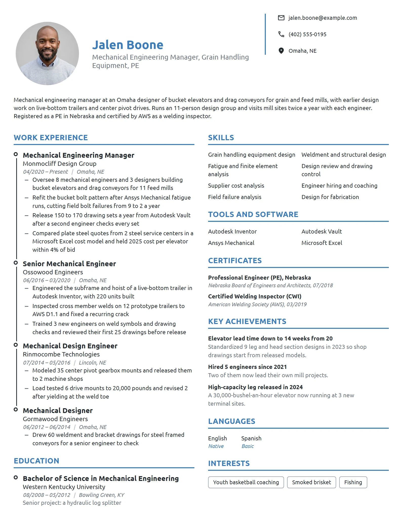Mechanical Engineering Manager resume example