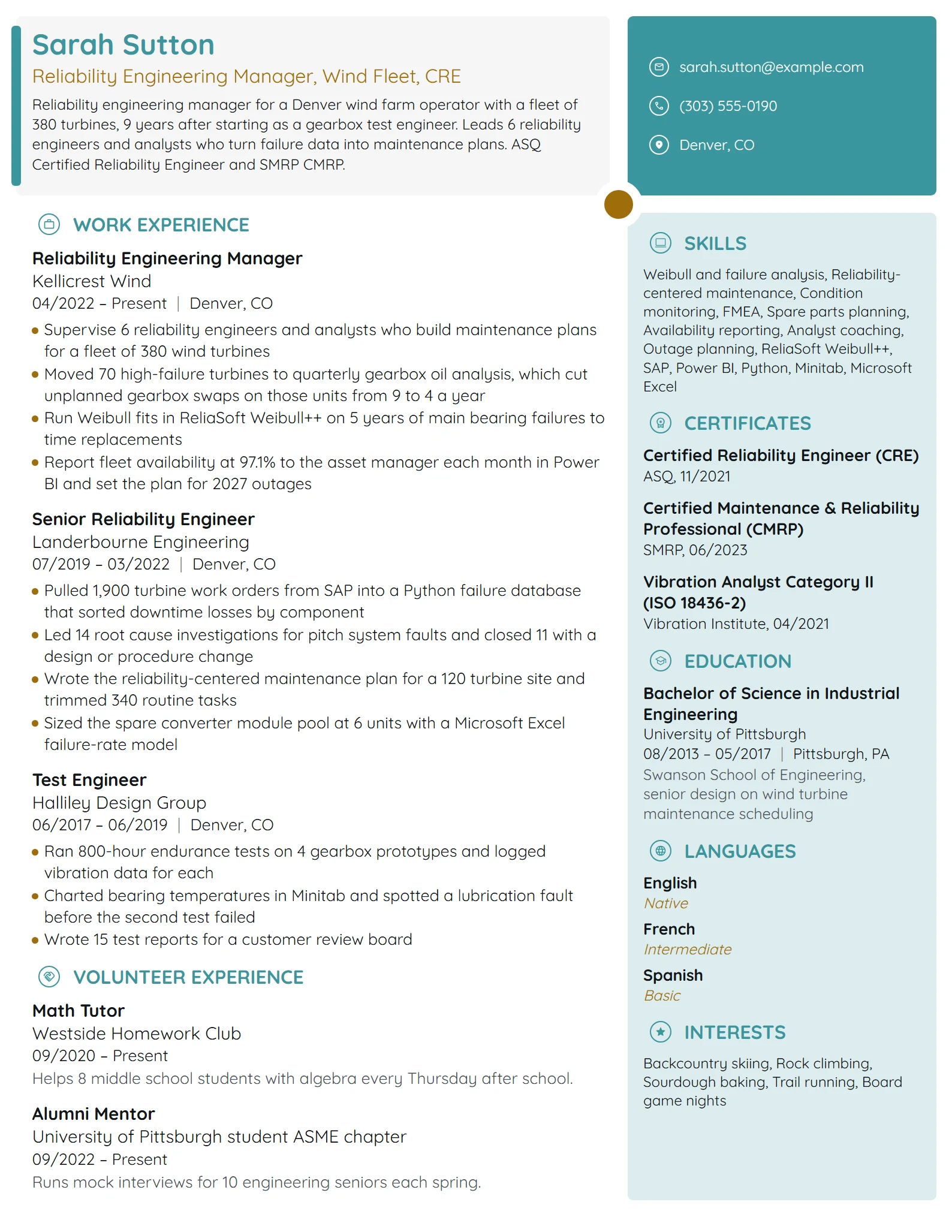 Reliability Engineering Manager resume example