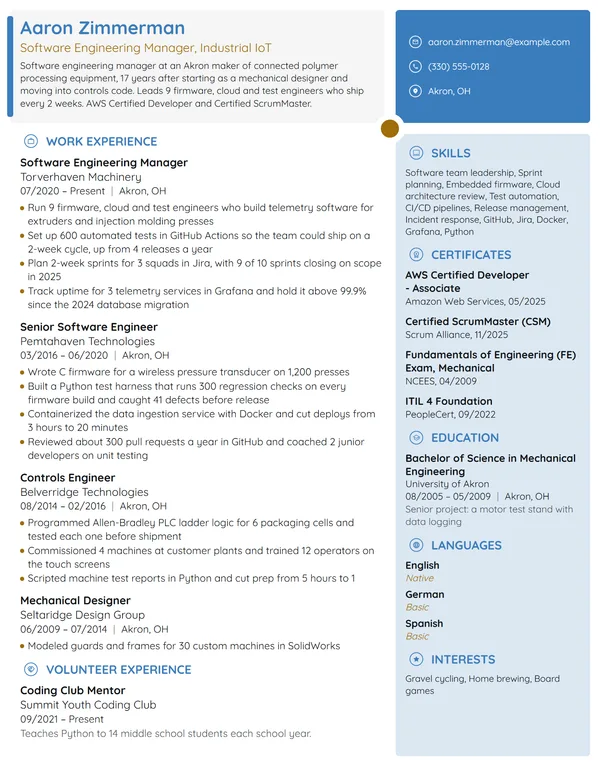 Software Engineering Manager resume example