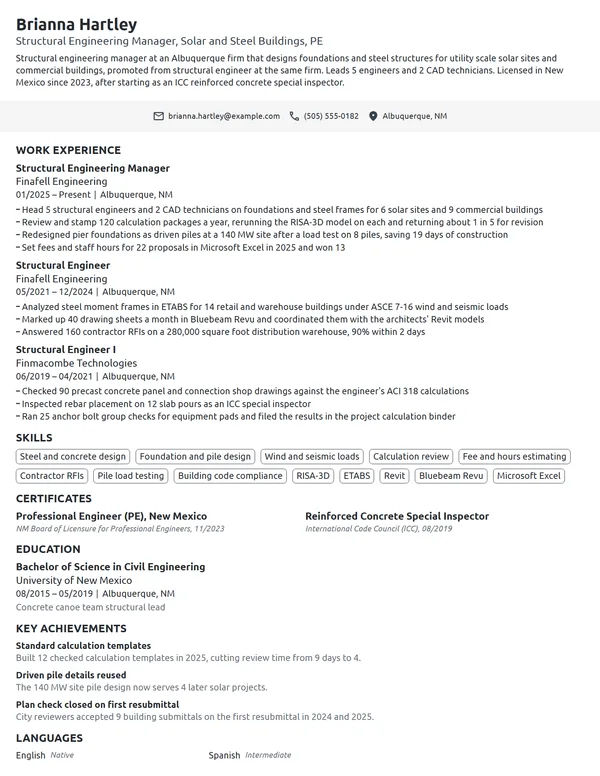 Structural Engineering Manager resume example