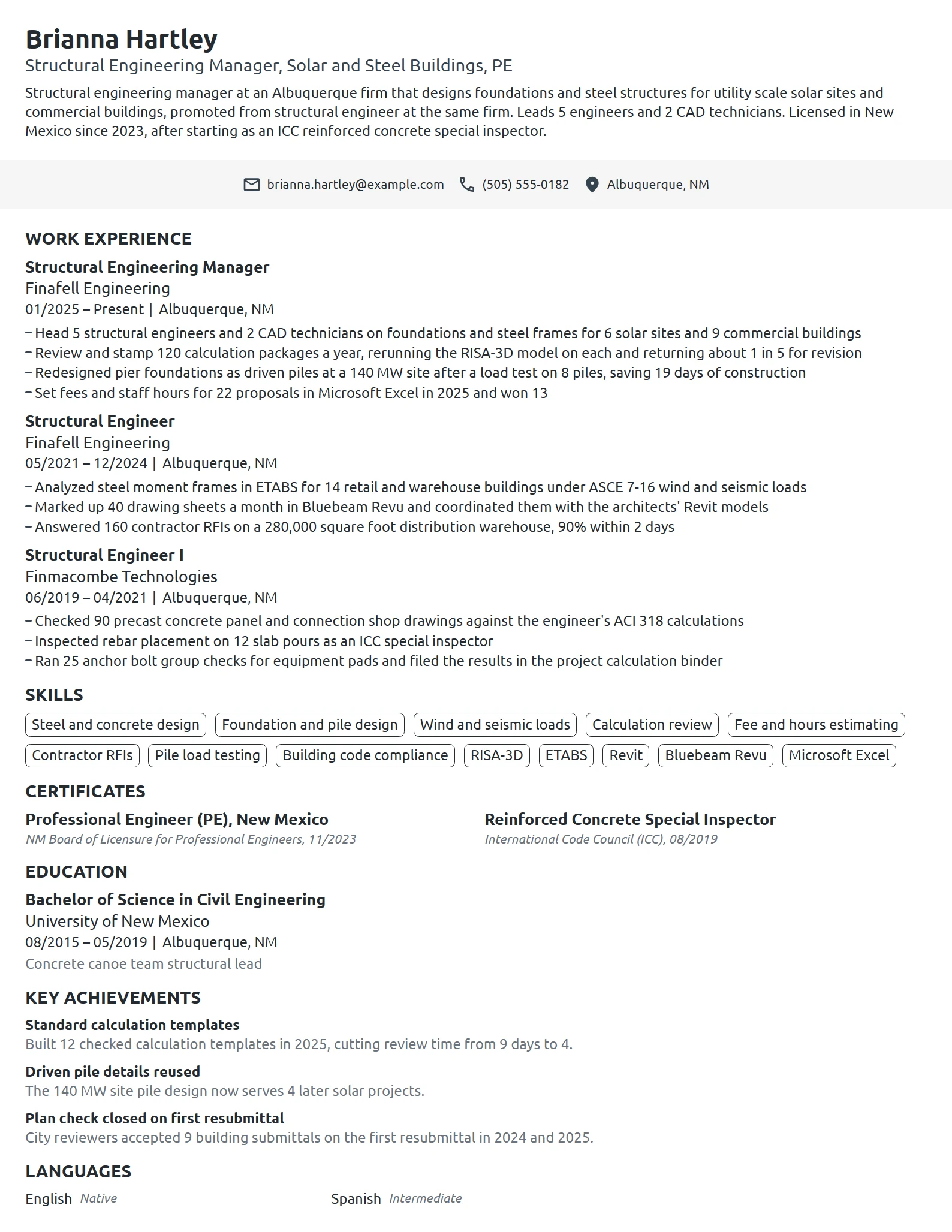 Structural Engineering Manager resume example