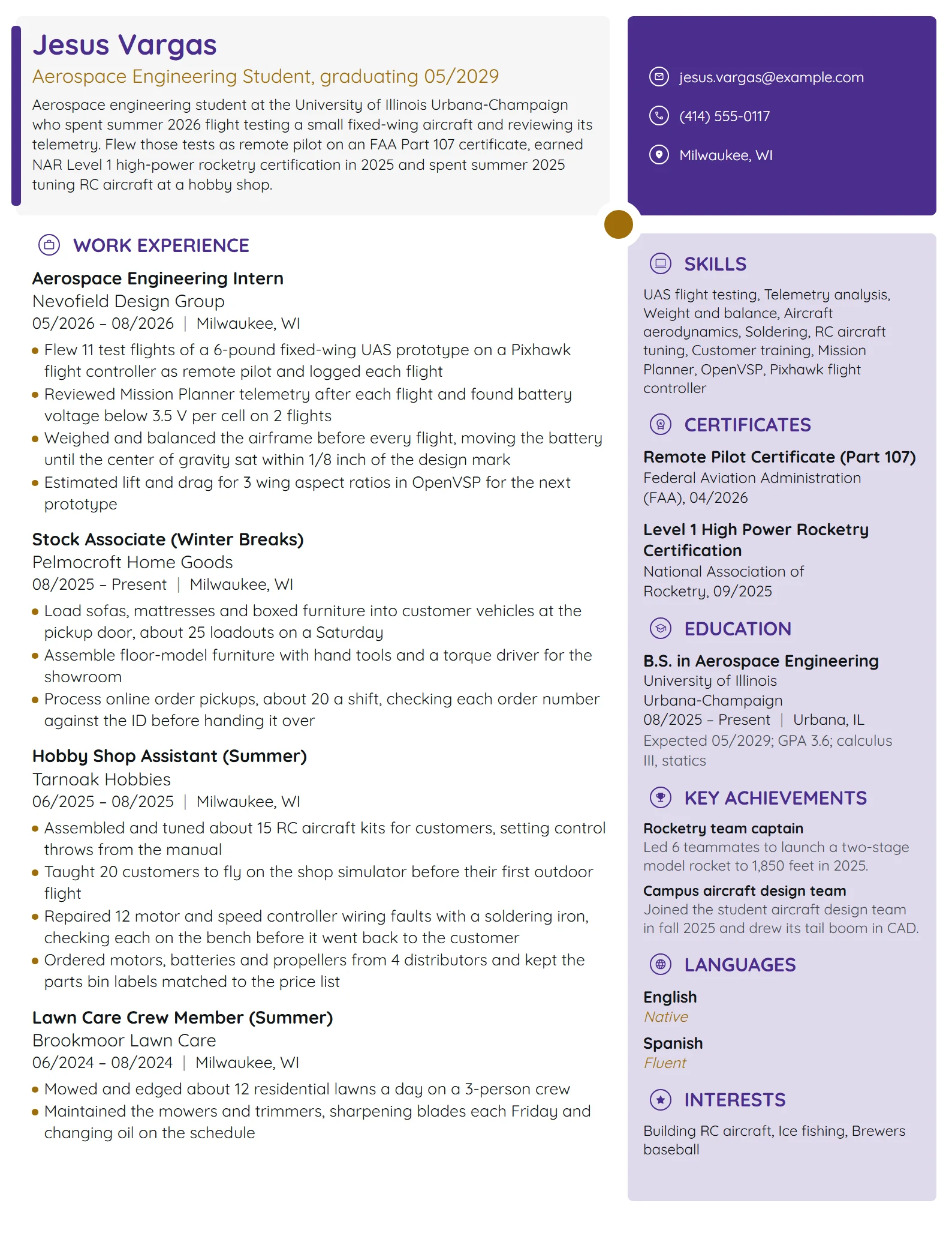 Aerospace Engineering Student resume example