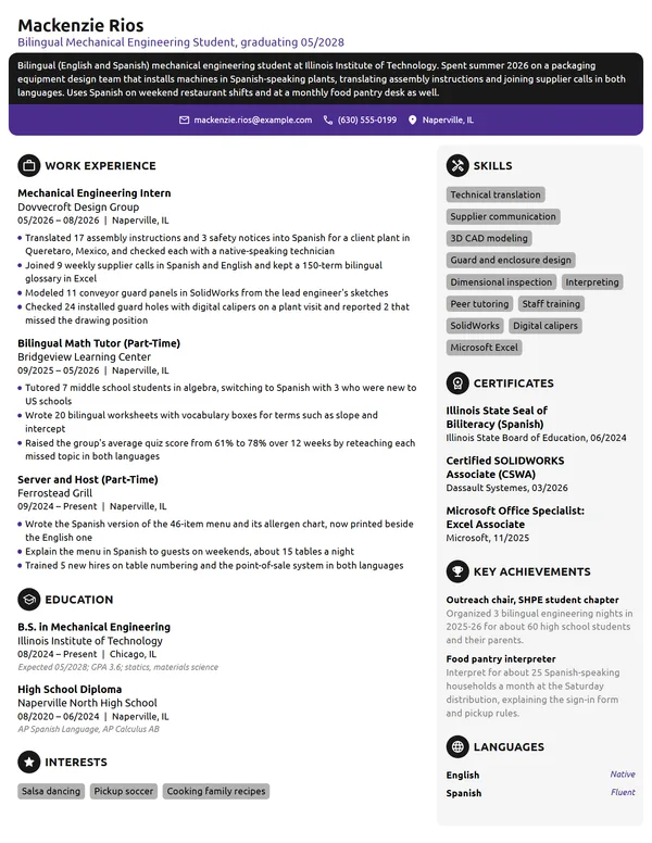 Bilingual Engineering Student resume example