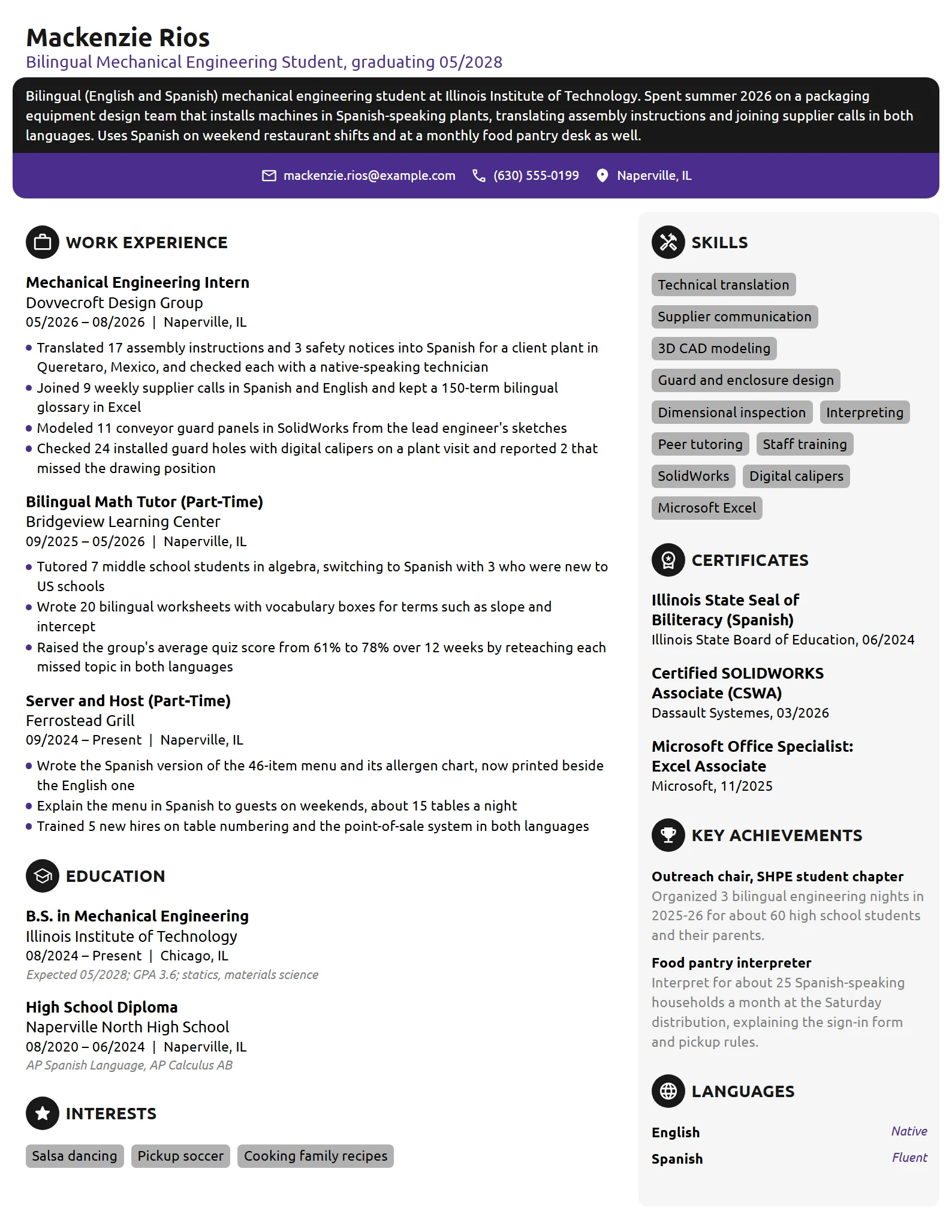 Bilingual Engineering Student resume example