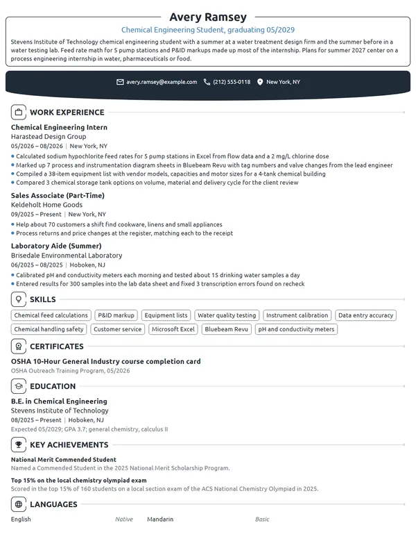 Chemical Engineering Student resume example