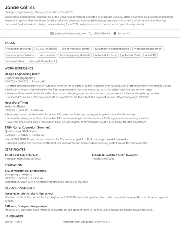 Design Engineering Intern resume example