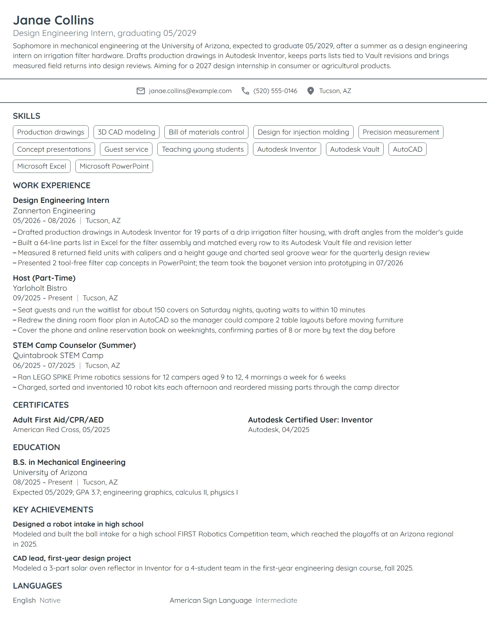 Design Engineering Intern resume example
