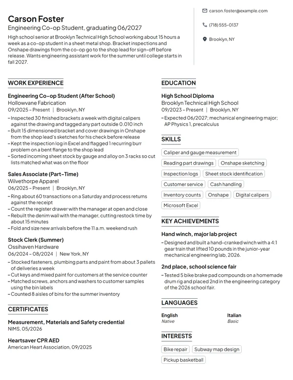 Engineering Co-op Student resume example