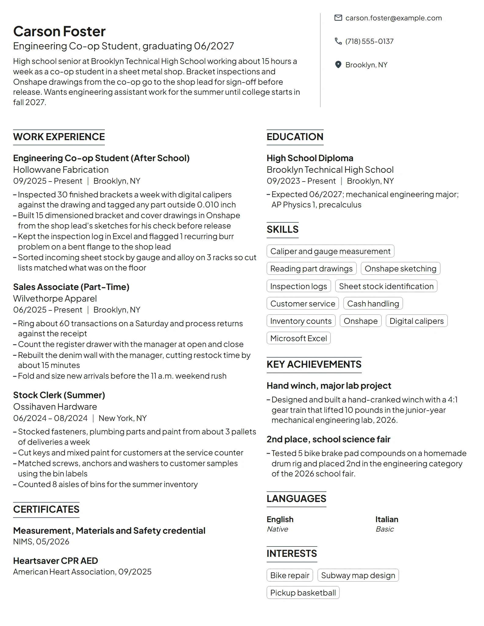 Engineering Co-op Student resume example