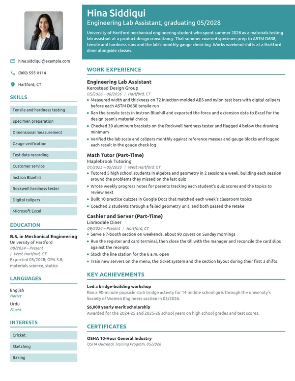 Engineering Lab Assistant resume example
