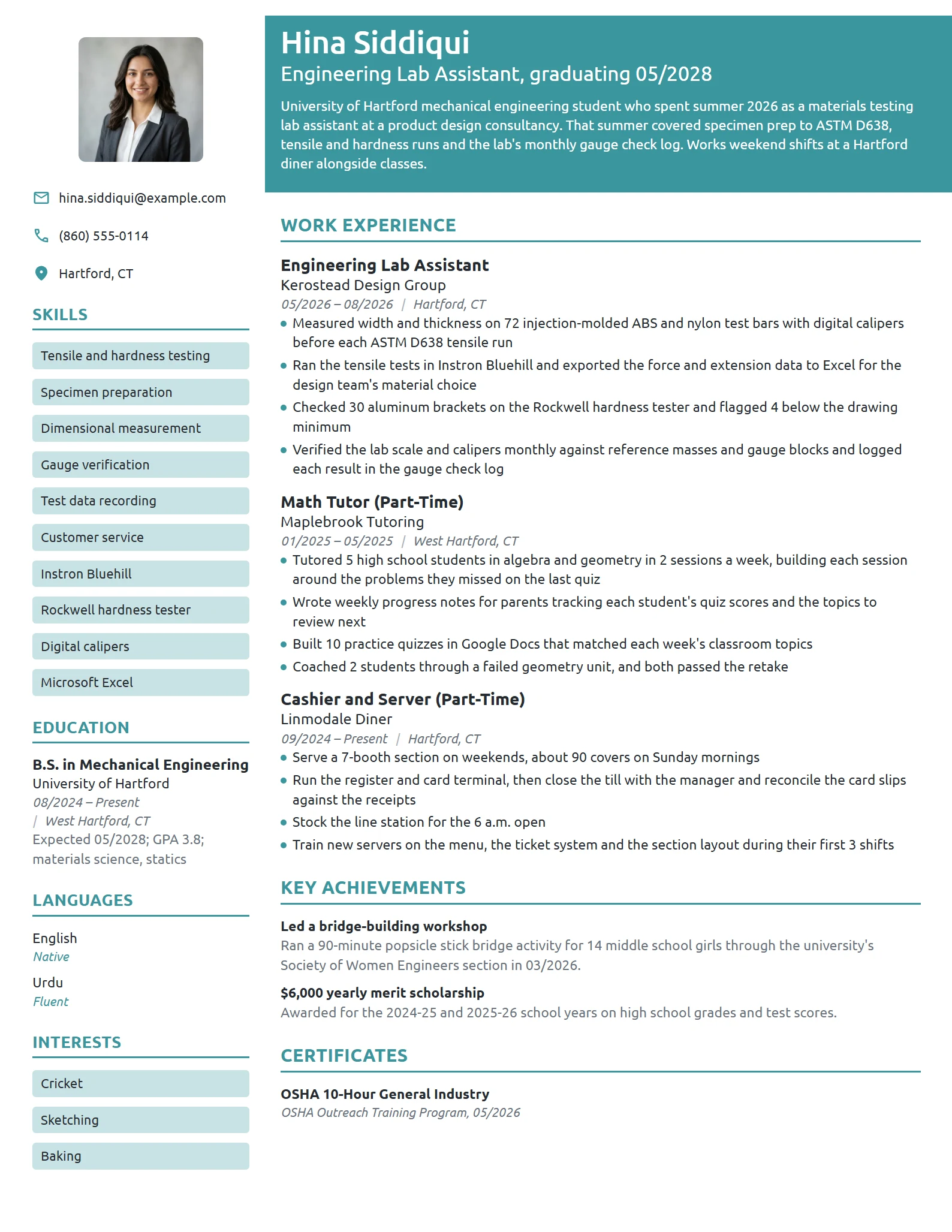 Engineering Lab Assistant resume example