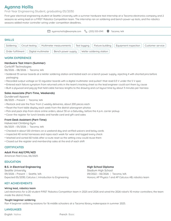 First-Year Engineering Student resume example