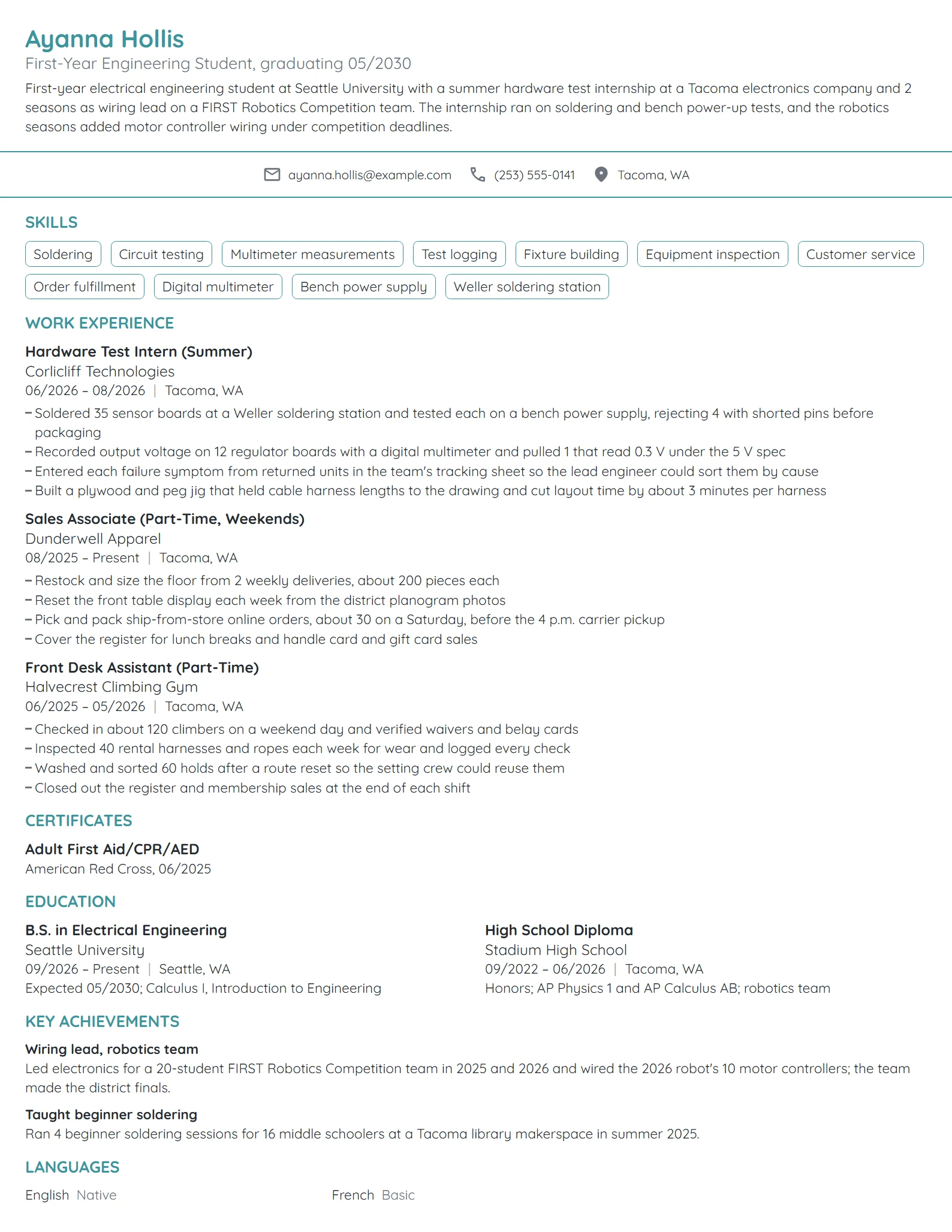 First-Year Engineering Student resume example