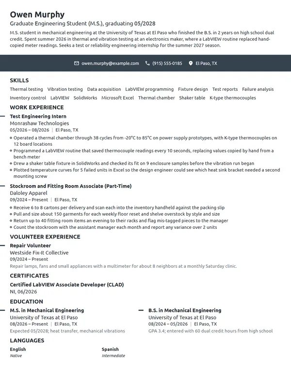 Graduate Engineering Student resume example