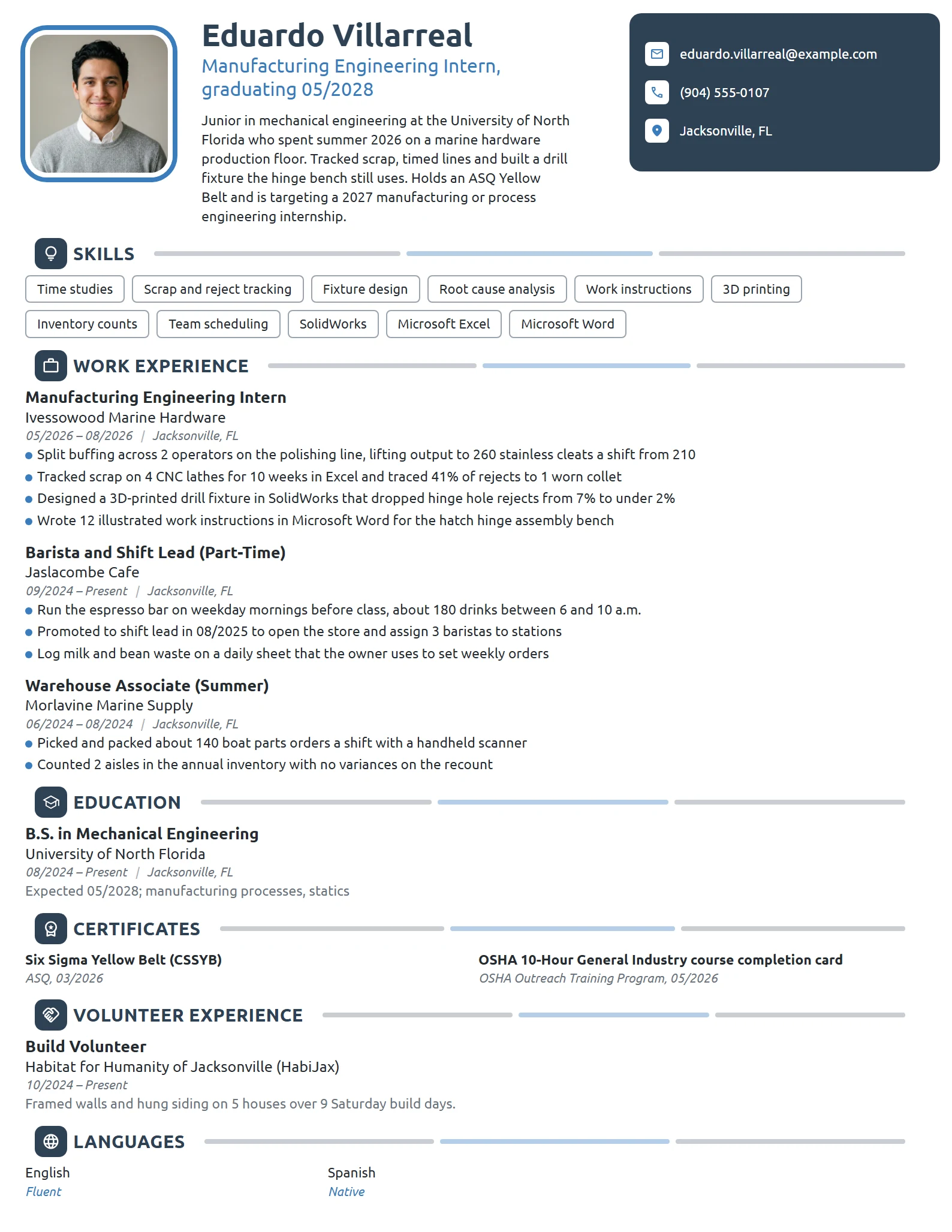 Manufacturing Engineering Intern resume example