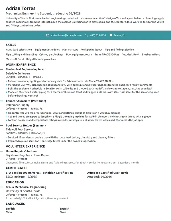 Mechanical Engineering Student resume example