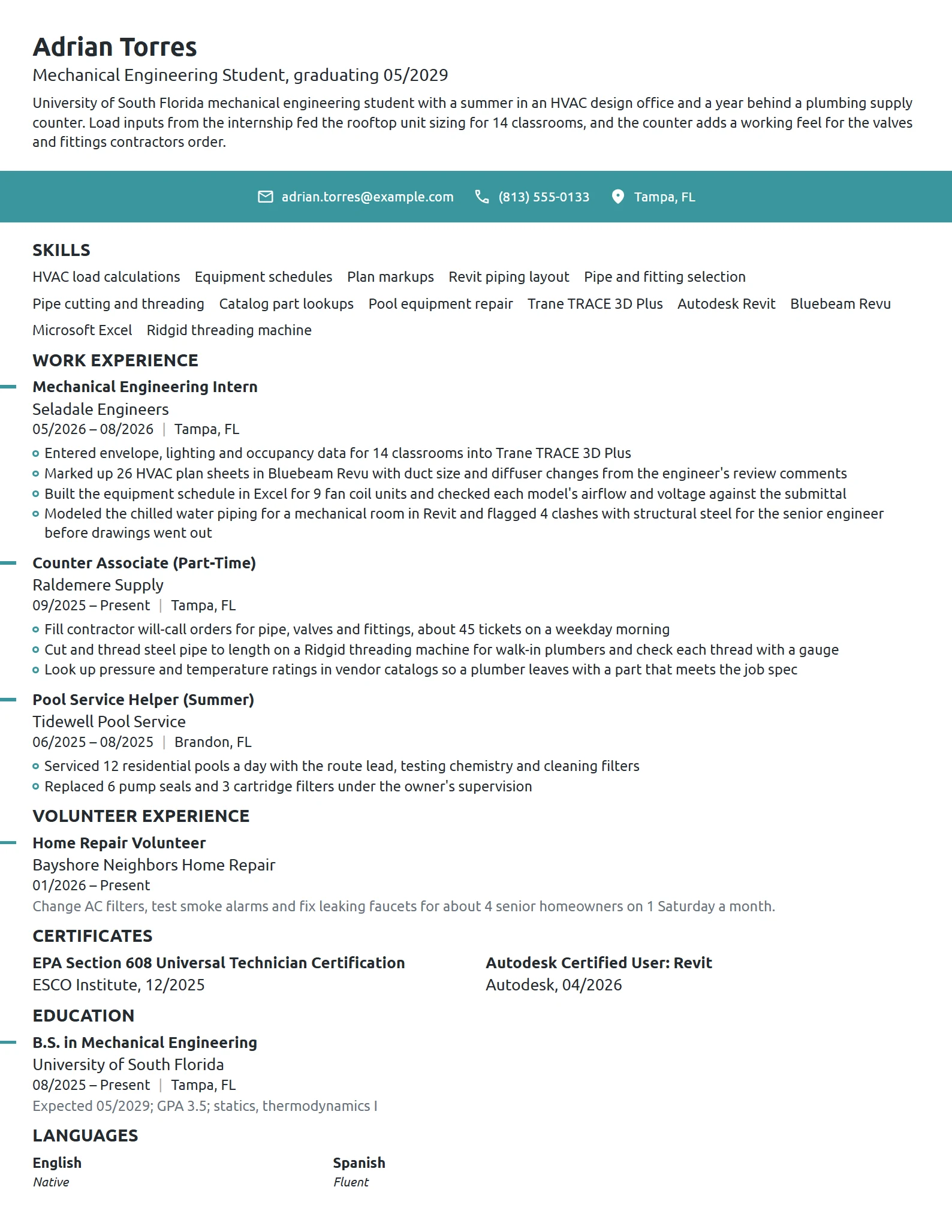 Mechanical Engineering Student resume example