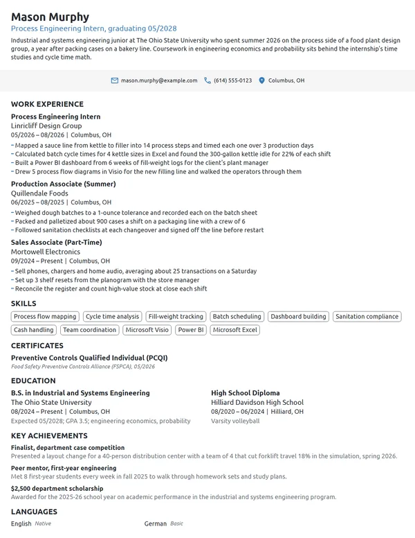 Process Engineering Intern resume example
