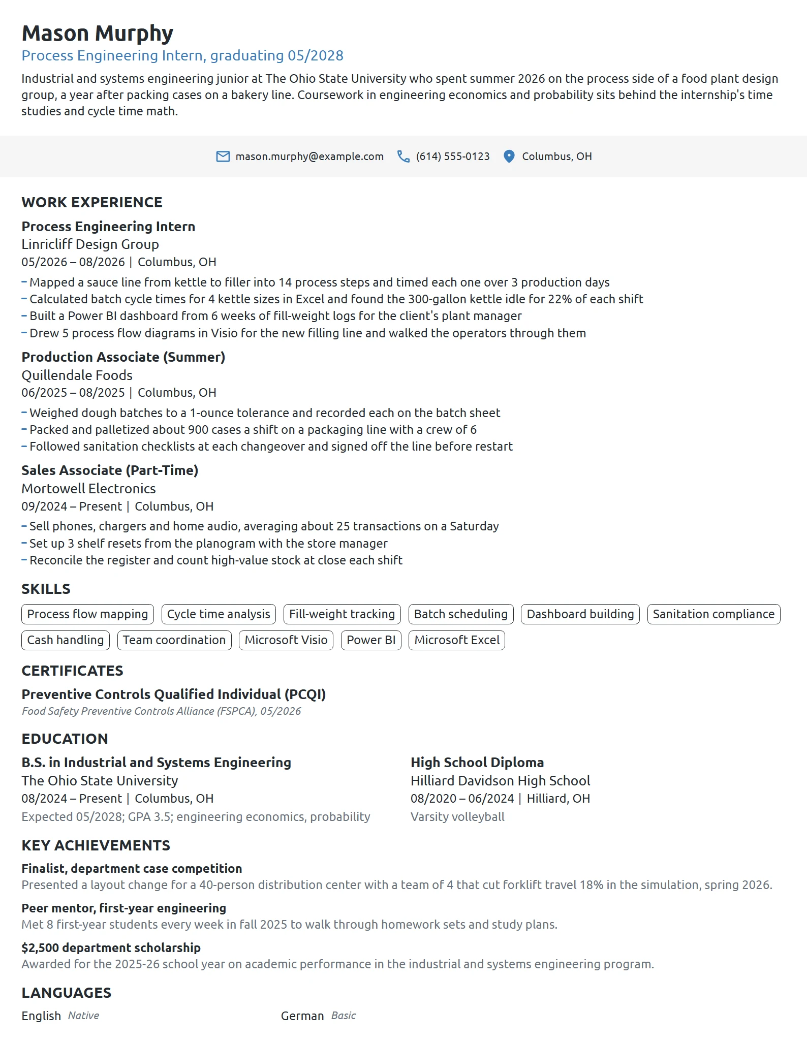 Process Engineering Intern resume example