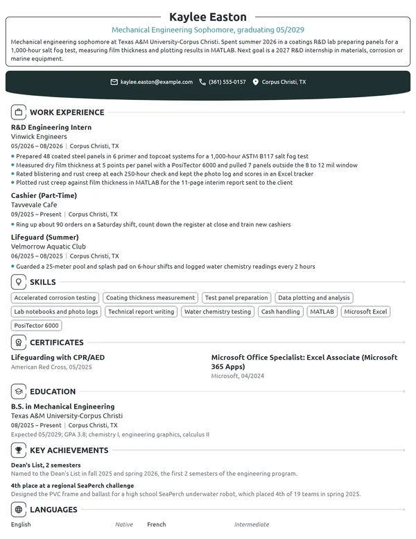 R&D Engineering Intern resume example