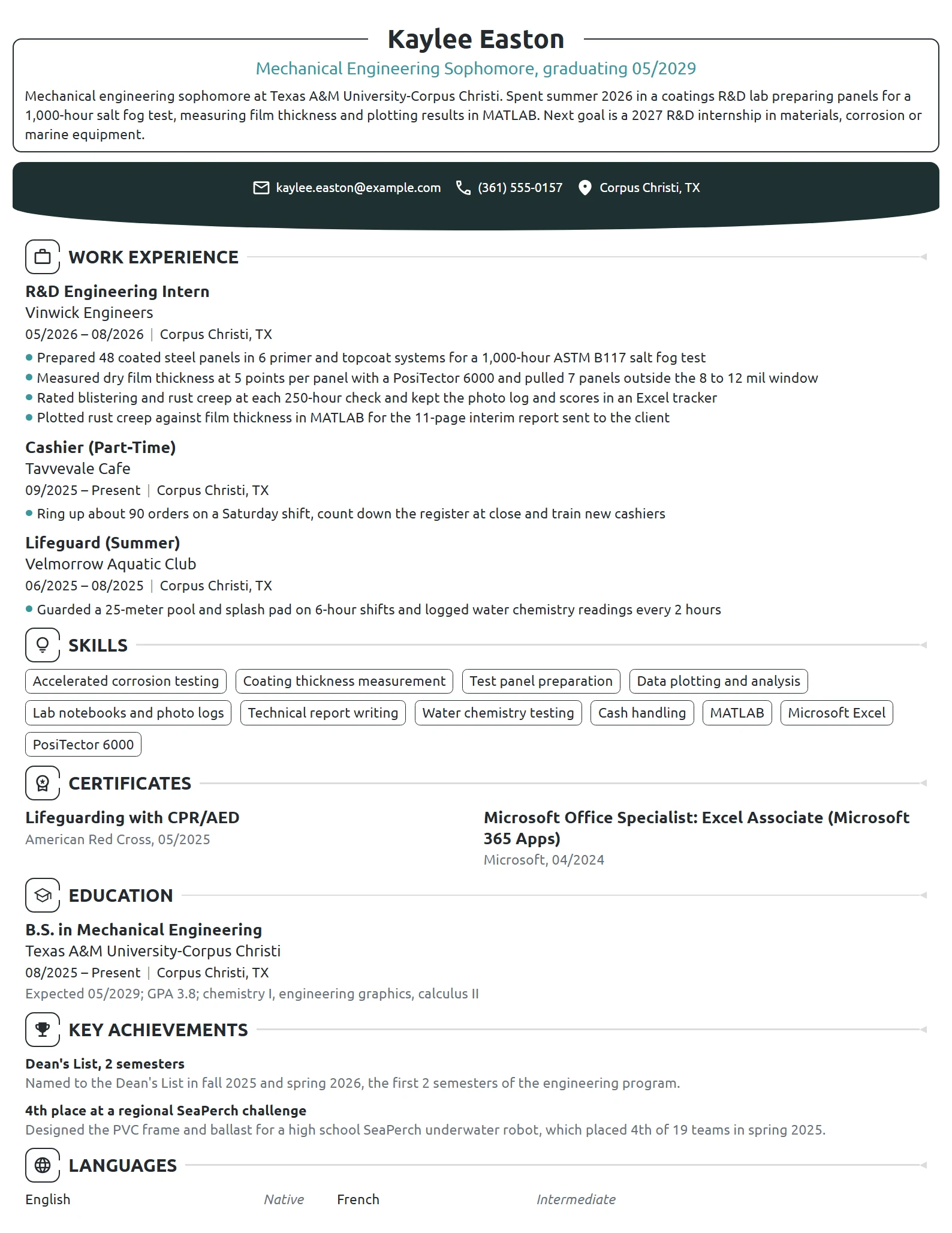 R&D Engineering Intern resume example