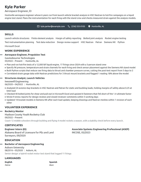 Aerospace Engineer resume example