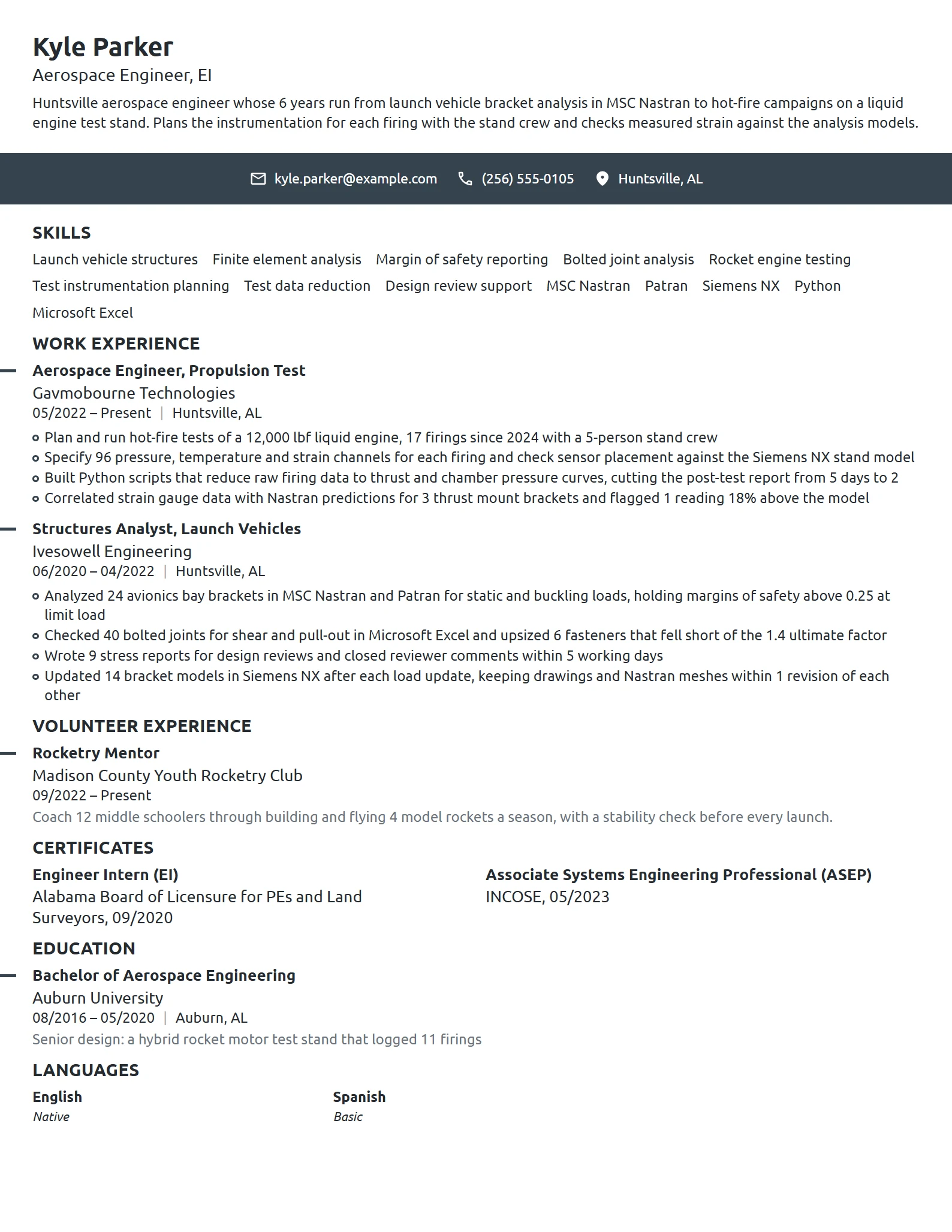 Aerospace Engineer resume example
