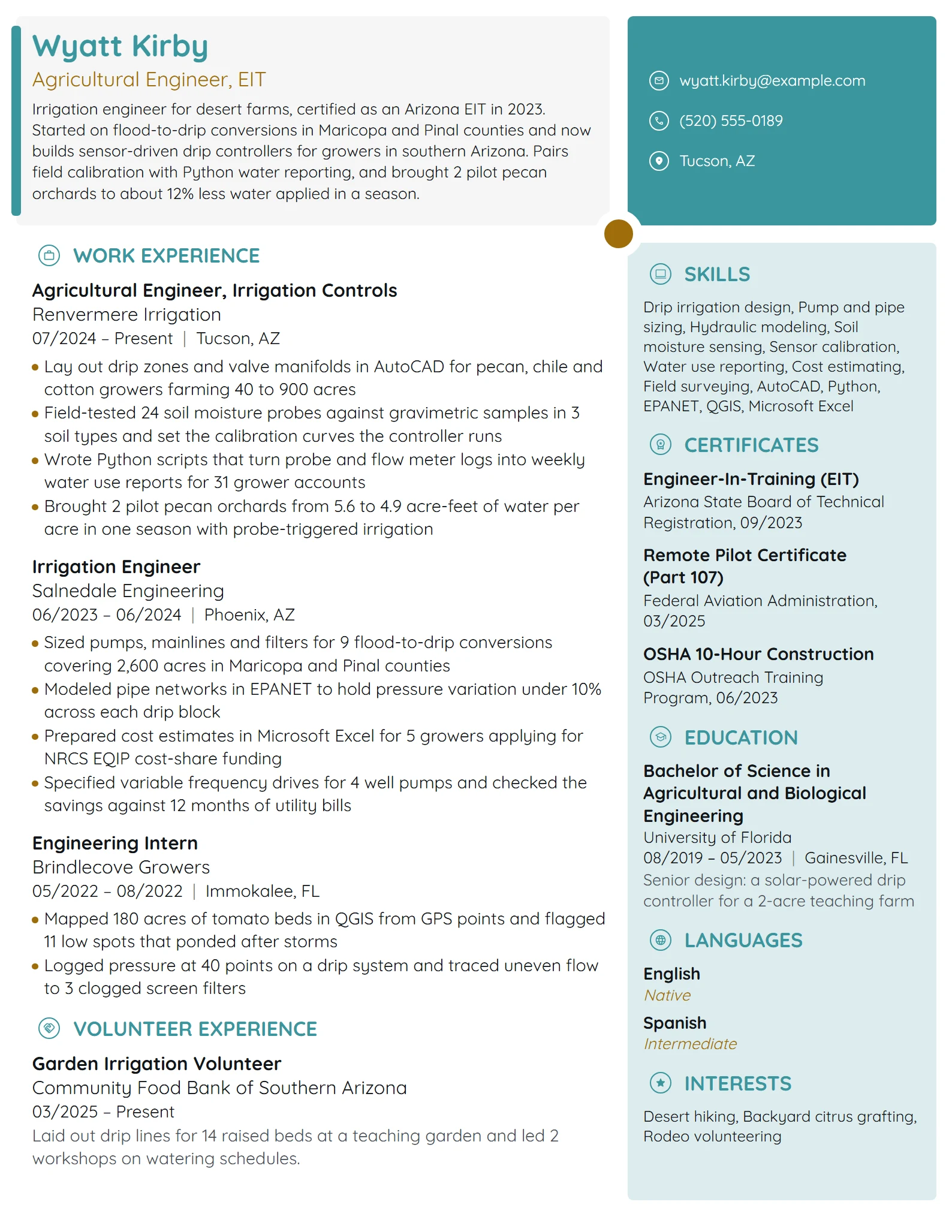 Agricultural Engineer resume example