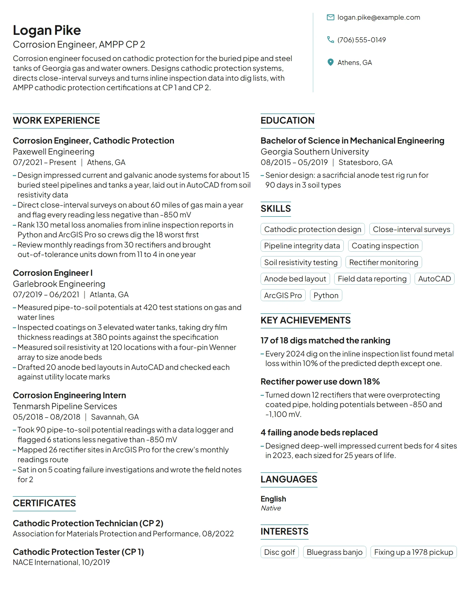 Corrosion Engineer resume example