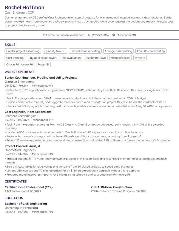Cost Engineer resume example