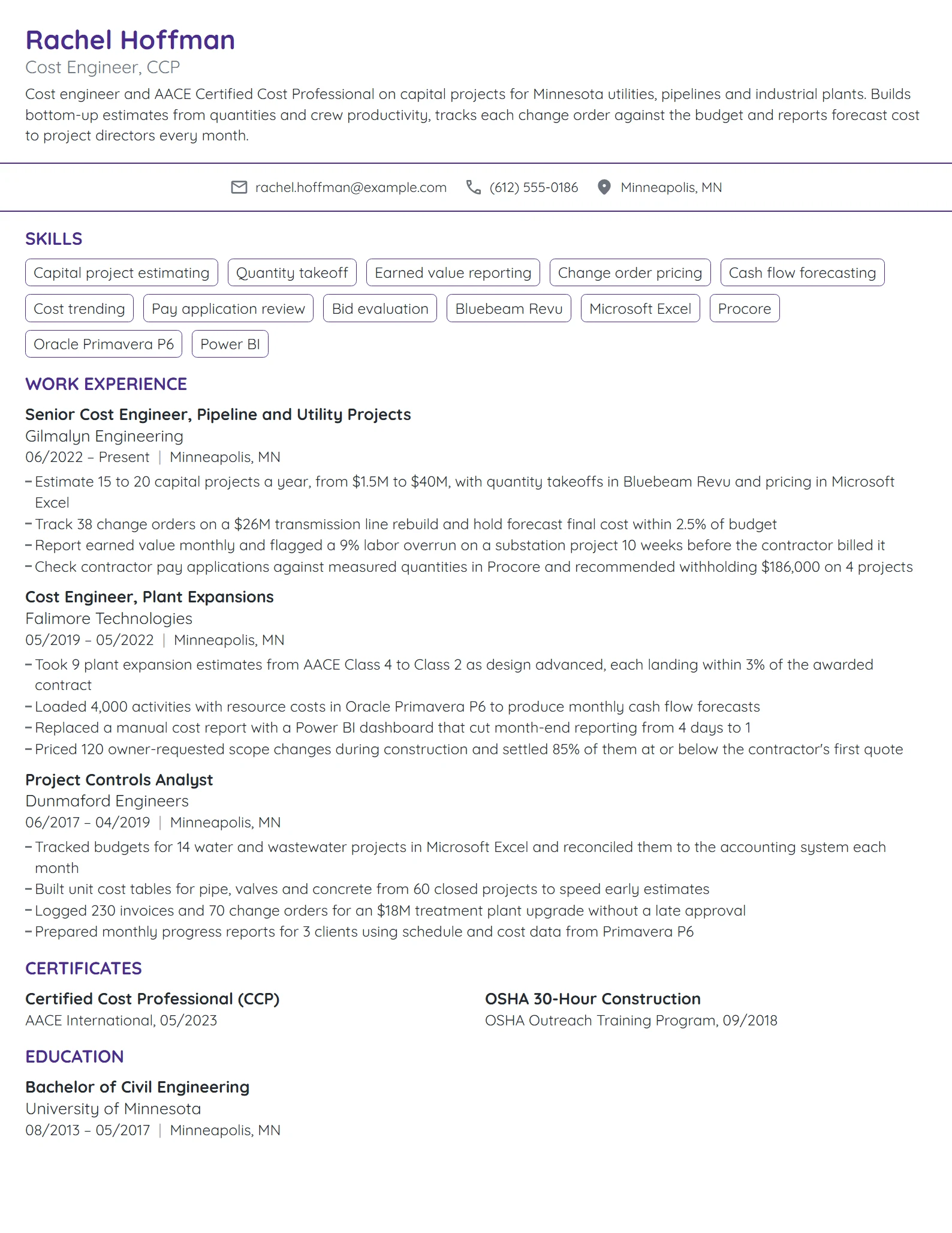 Cost Engineer resume example