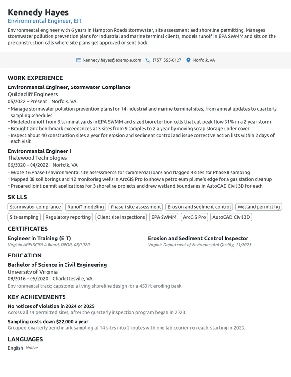 Environmental Engineer resume example