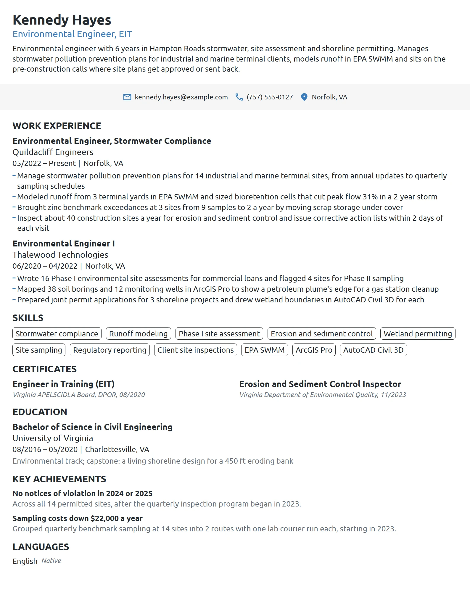 Environmental Engineer resume example